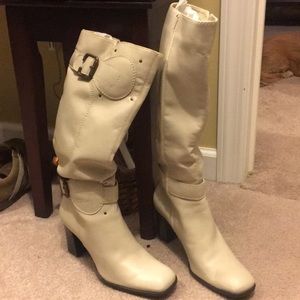 Franco Sarto Cream Leather Boots w/ Stacked Heel
